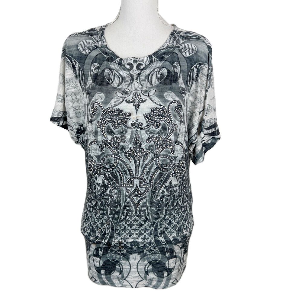 Romeo & Juliet Couture Blouse Women Medium Grey Graphic Embellished Short Sleeve